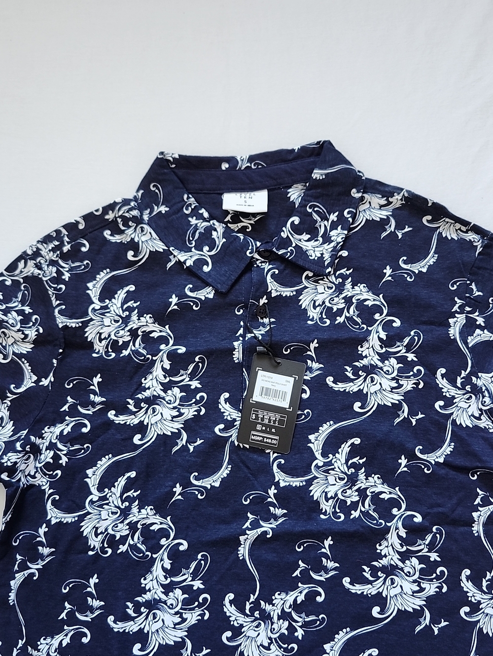 NWT Level Ten Men's Navy Blue Baroque Floral Scroll Print Polo Shirt Size S - Picture 2 of 8